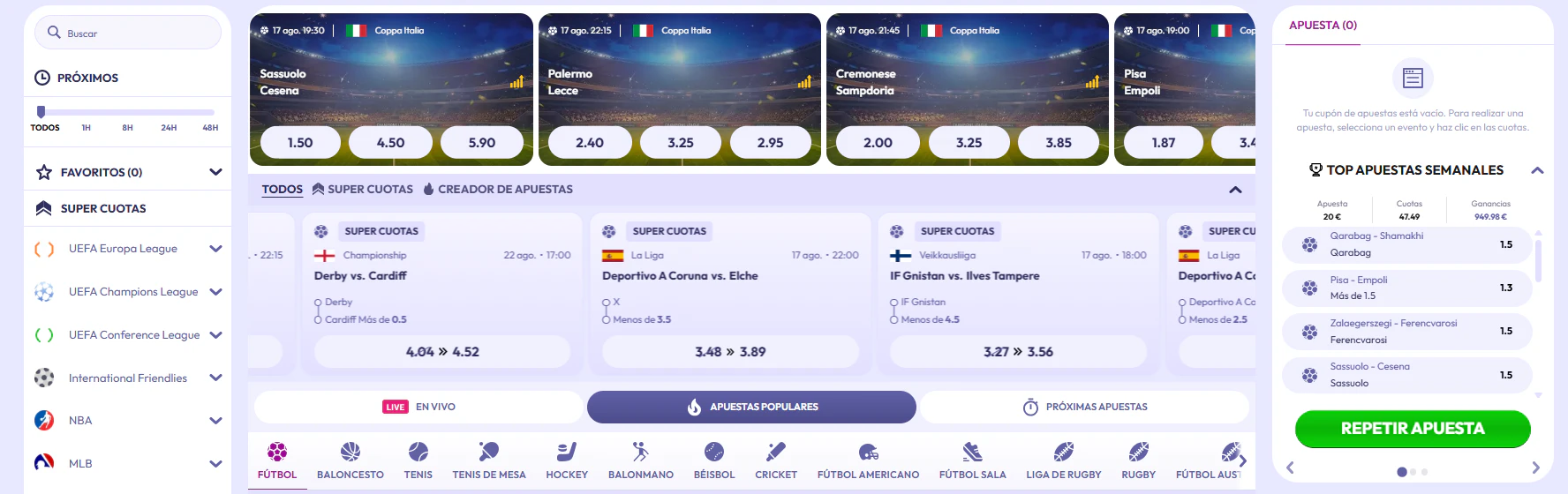 Apuestas en deportes, eSports y competiciones disponibles en Infinity Casino