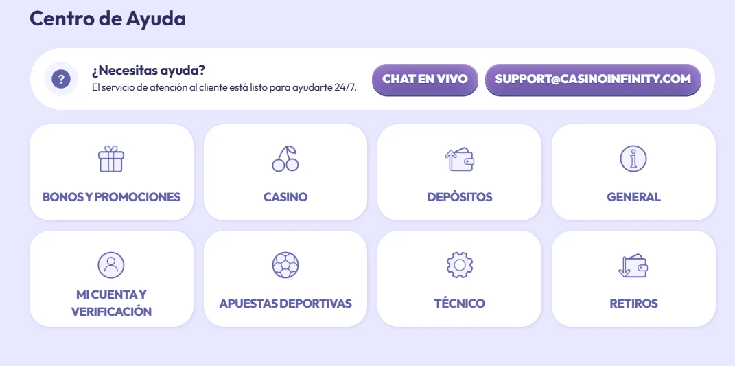 Canales de asistencia y atención al cliente disponibles en Infinity Casino