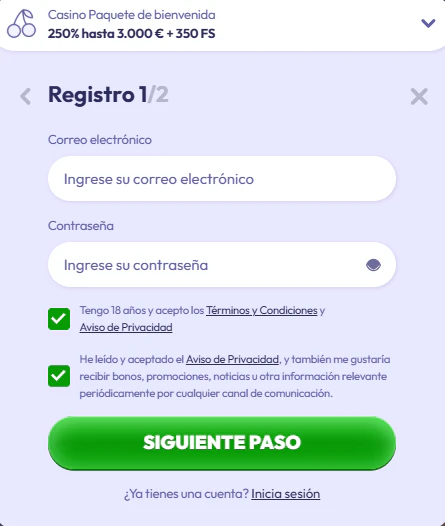 Registro de cuenta y acceso al perfil de usuario en Infinity Casino